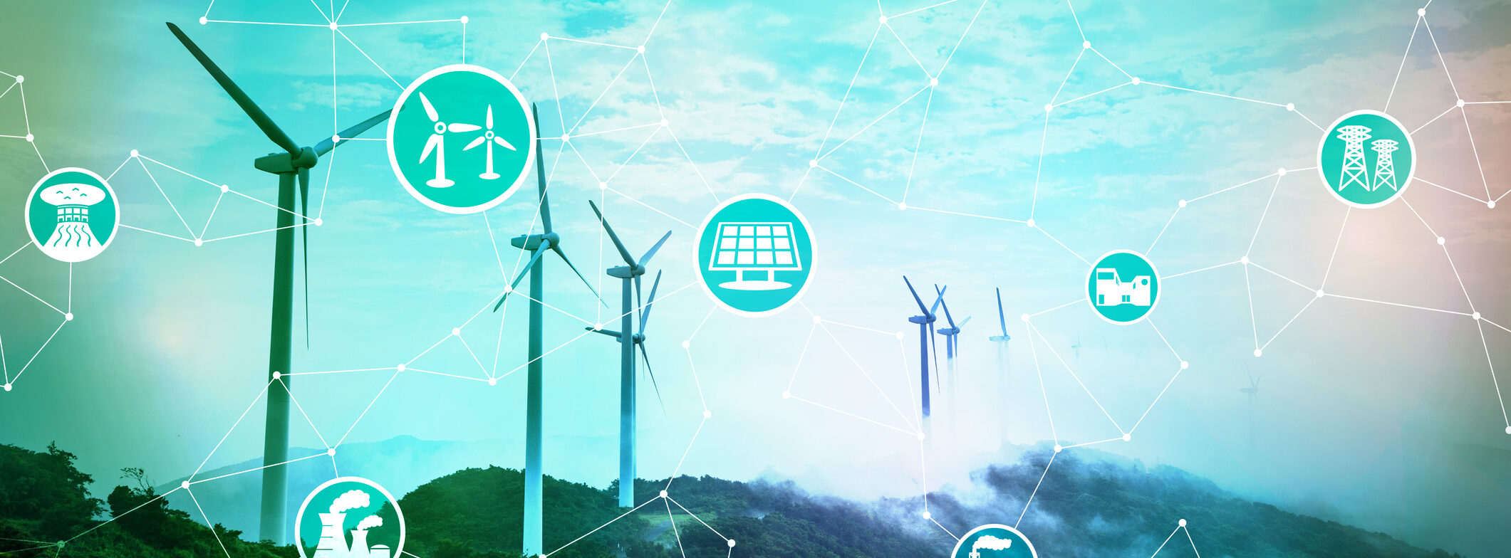 Windräder in der Landschaft vernetzt im intelligenten Netz