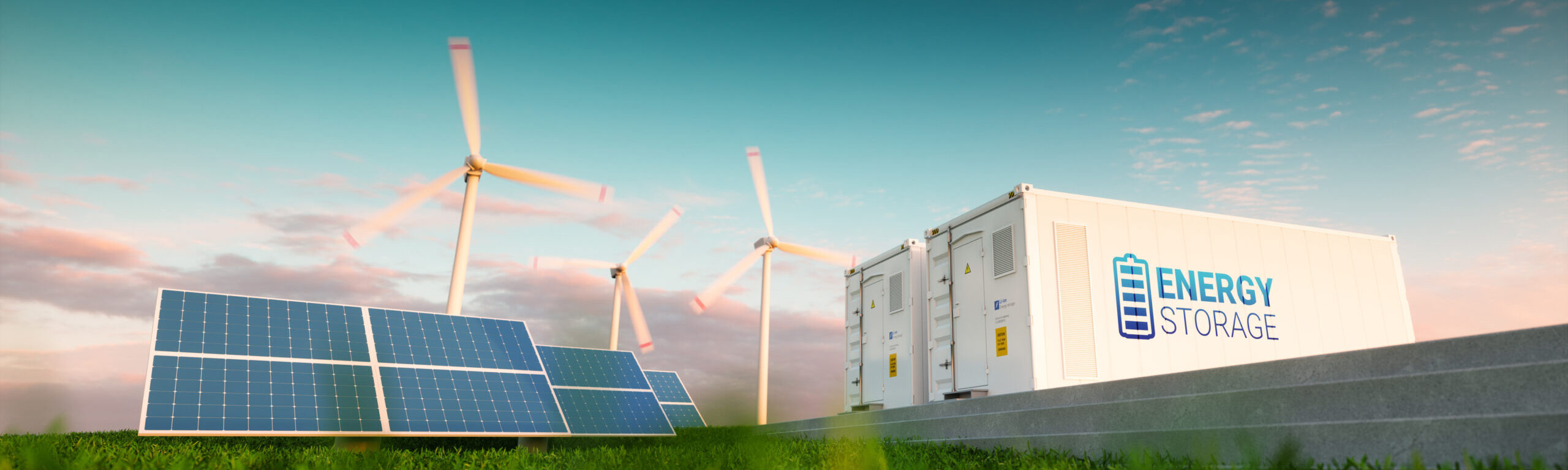 Bild mit Pv-Modulen, Windrädern und Energiespeichern