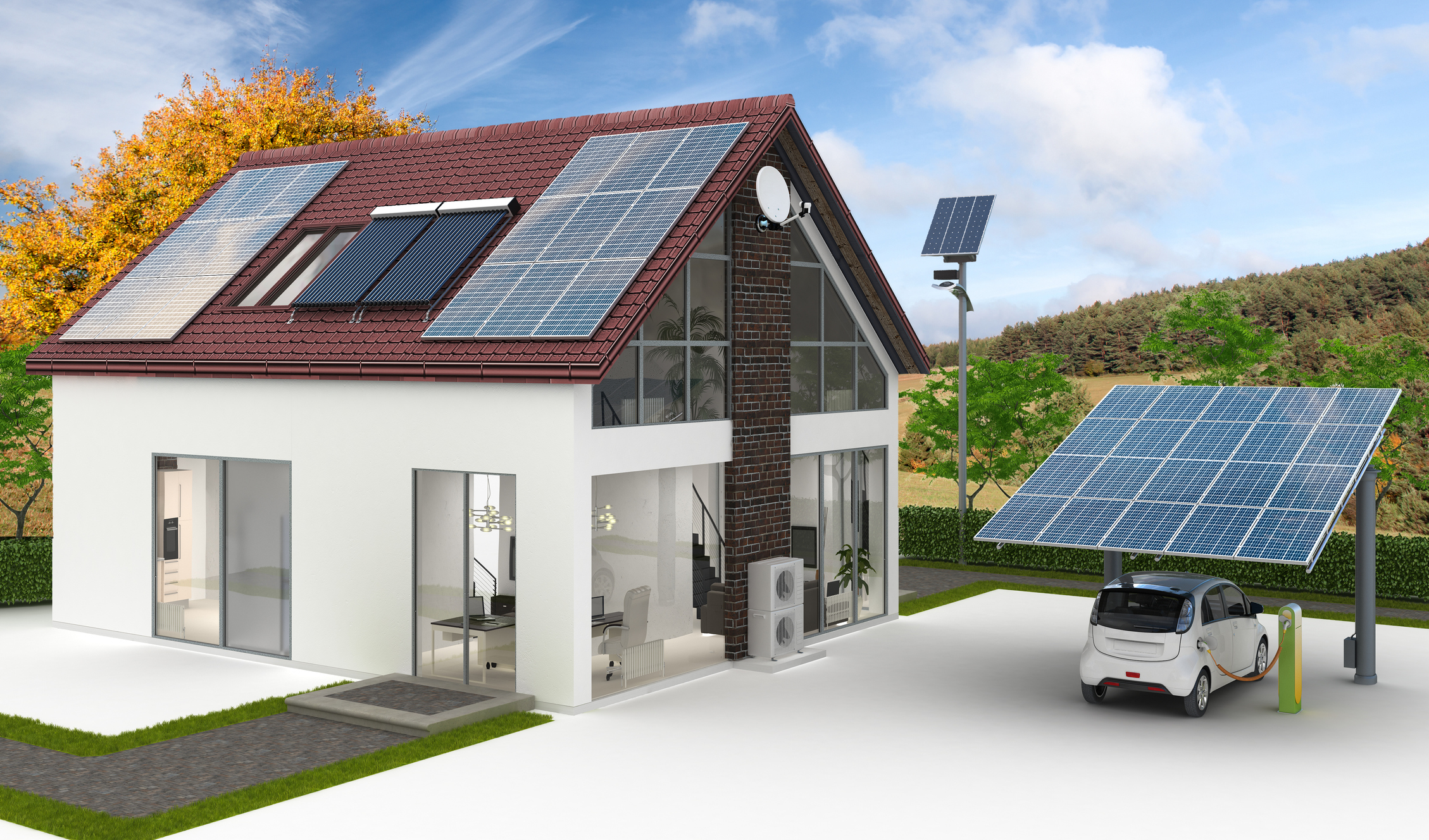 Neubauhaus mit Photovoltaikanlage sowie Garage mit Aufdach-PV, E-Auto und Wallbox