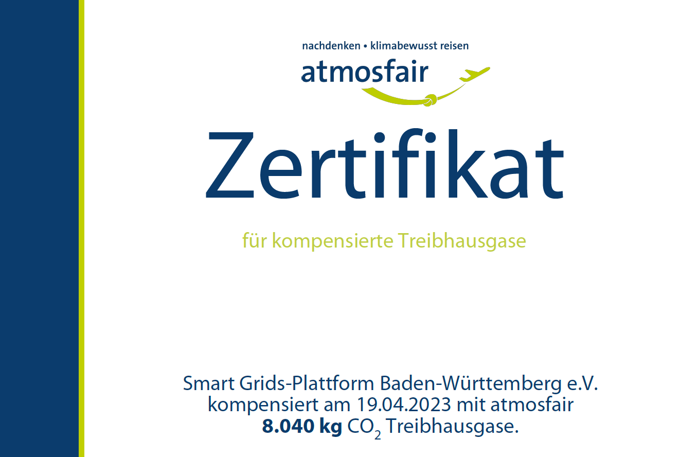Ausschnitt eines Zertifikats über die Kompensation von 8.040 KG Co2. Ausgestellt von atmosfair für die Smart Grids-Plattform BW.