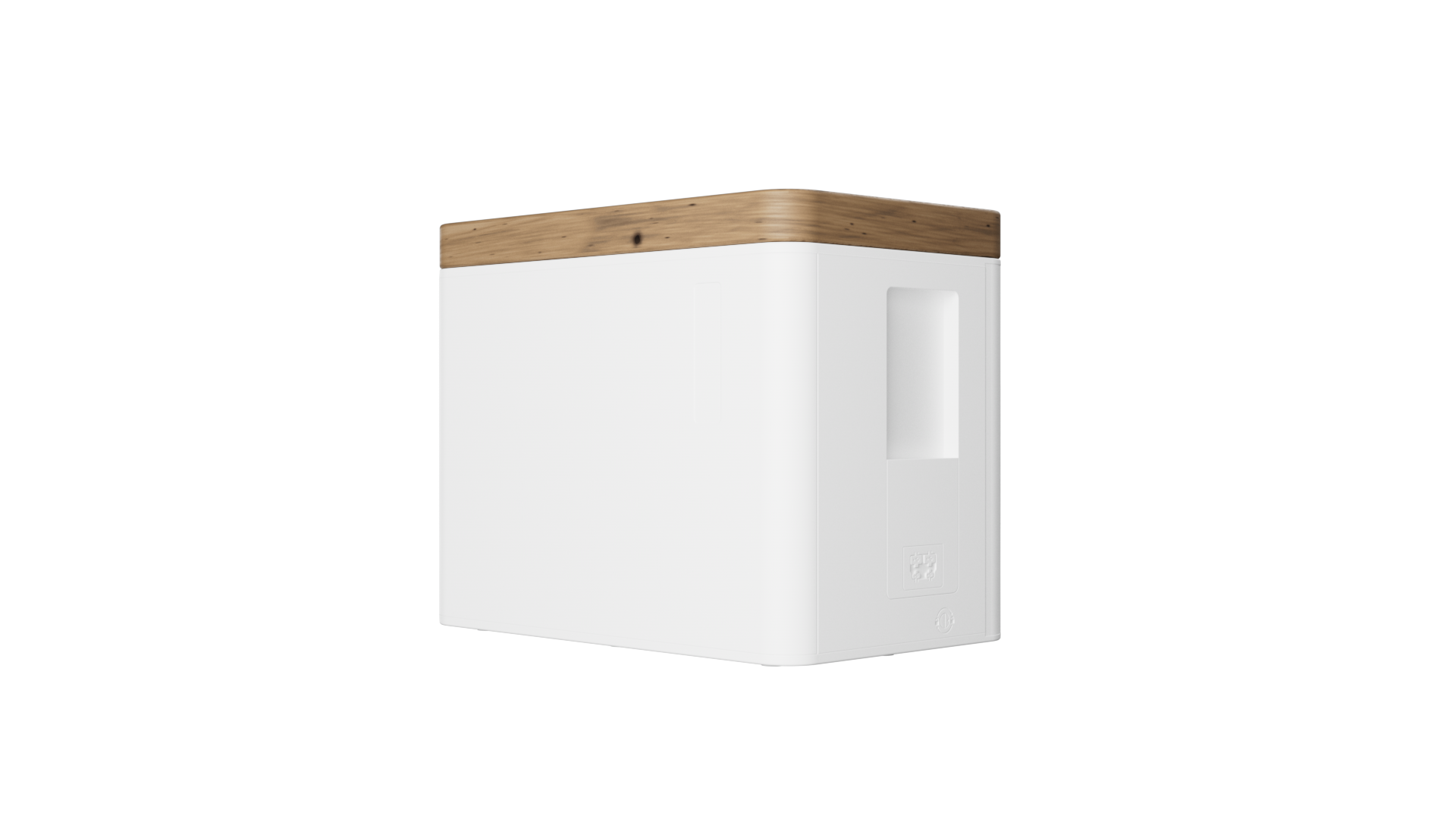 Die FlexBox – ein kompakter Batteriespeicher mit modernem Design. Gehäuse in Weiß, Deckel aus Holzoptik. Entwickelt von der FlexHome.Energy GmbH zur Speicherung von Solarstrom im privaten oder gewerblichen Umfeld.