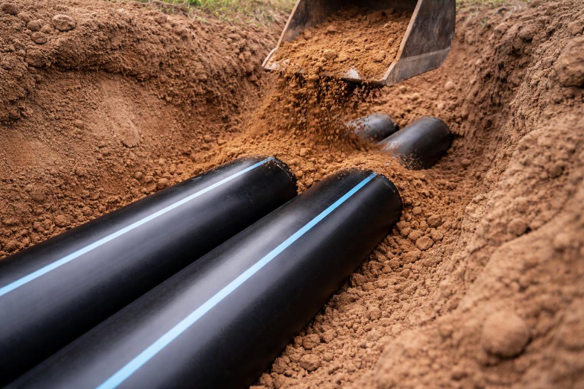 Nahaufnahme von zwei schwarzen, isolierten Fernwärmeleitungen, die parallel in einem offenen Erdgraben verlegt werden. Eine Baggerschaufel schüttet lockere Erde über die isolierten Rohre.